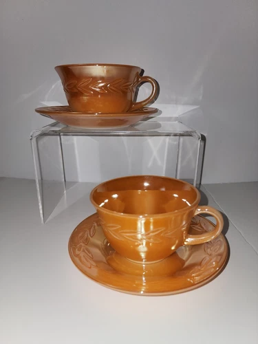 Vintage Fire King Anchor Hocking Peach Lustre Laurel Cup and Saucer 2 sets*READ