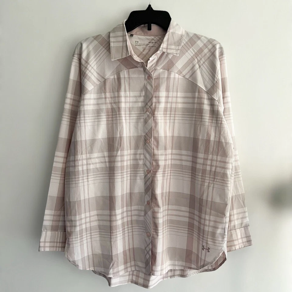 Camiseta Under Armour Rosa Suelta a Cuadros Abotonada Talla M Heat Gear UPF 30 Manga Larga Foto 2 de 4