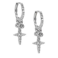 Iced Cz White Gold Sterling Silver Dagger Hanging Cross Dangle Hoop Earrings