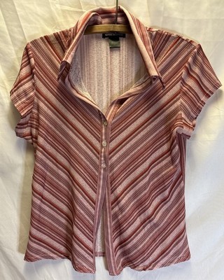 Y2K Size Large Short Sleeve Top Pin Red Stripe Open Bottom 3 Button Collared