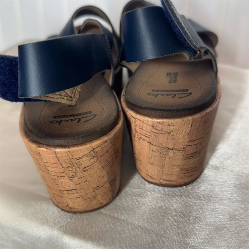 Clarks Navy Leather Cork Wedge Sandals Sz 8 Soft Cushion Slingback EU 39 - Picture 6 of 10