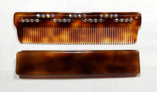 Vintage celluloid Faux Tortoise Hair comb Rhinestone W/case 4.75" L France