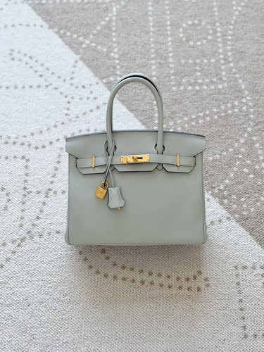 AUTH Hermes Birkin 30 Crystal Grey Togo Leather Gold Hardware Top‑Handle Handbag