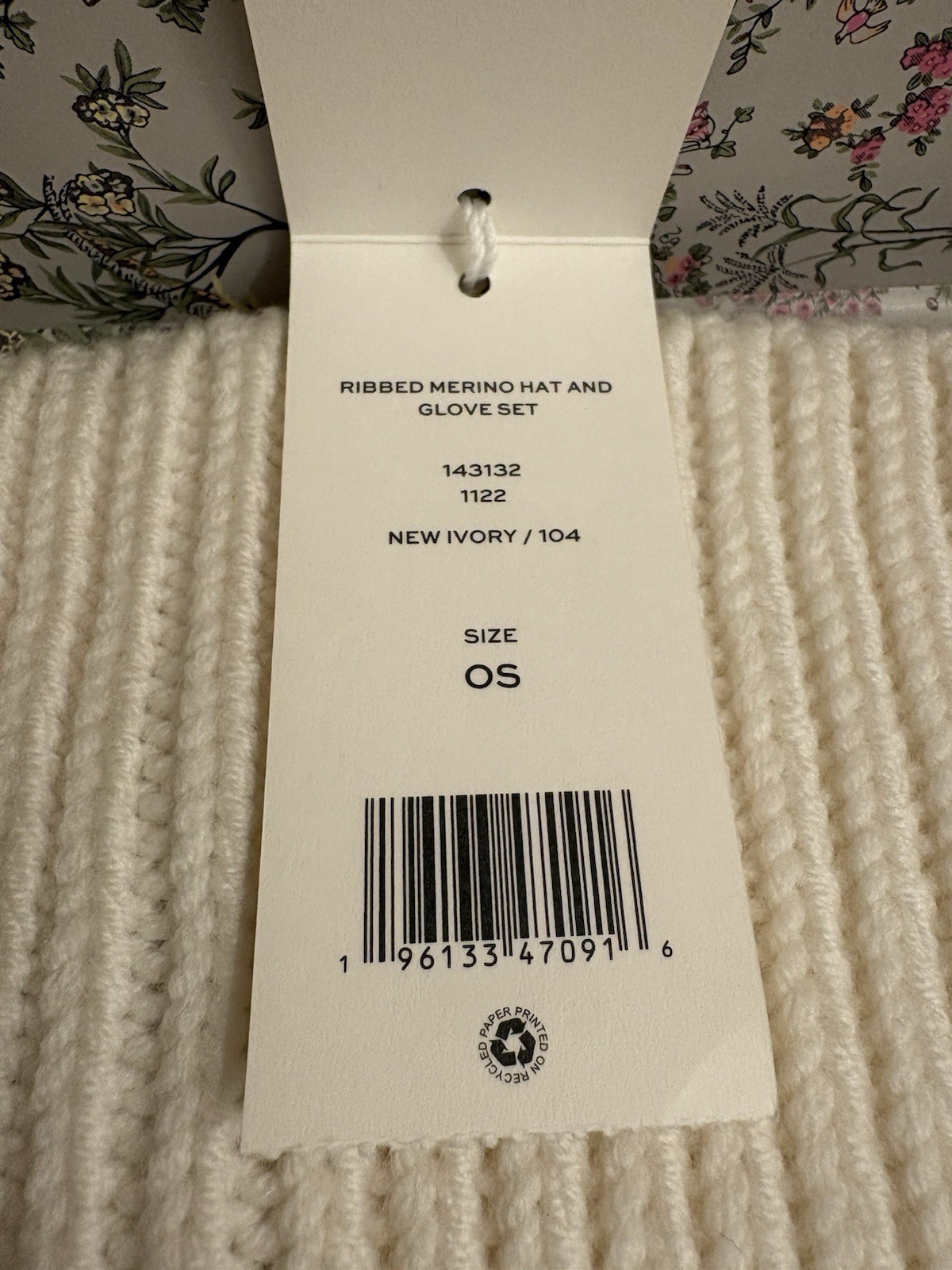 Tory Burch Merino Wool Ribbed Knit Ivory Mitten & Hat Set OS Lined Logo Winter thumbnail 5