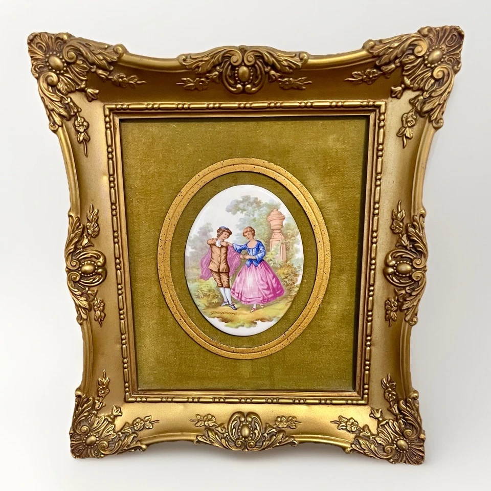 Vintage FRAGONARD Courting Couple Porcelain Plaque Ornate Gilded Gold Frame - Image 2 of 4