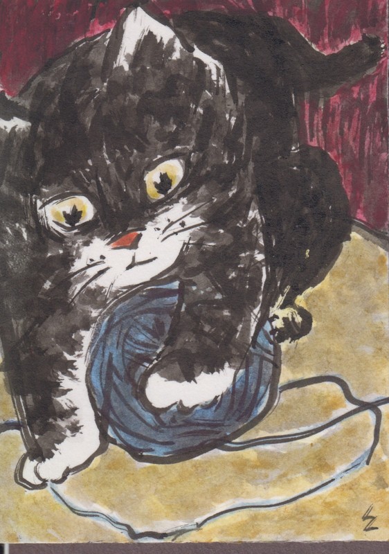 LinLi888 ACEO Original Art Watercolor Painting Cat Yarn 25043001