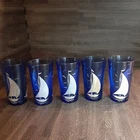 Set Of 5 Hazel Atlas Cobalt Blue White Ship Sailboat Juice Glass 5" Vintage Cup