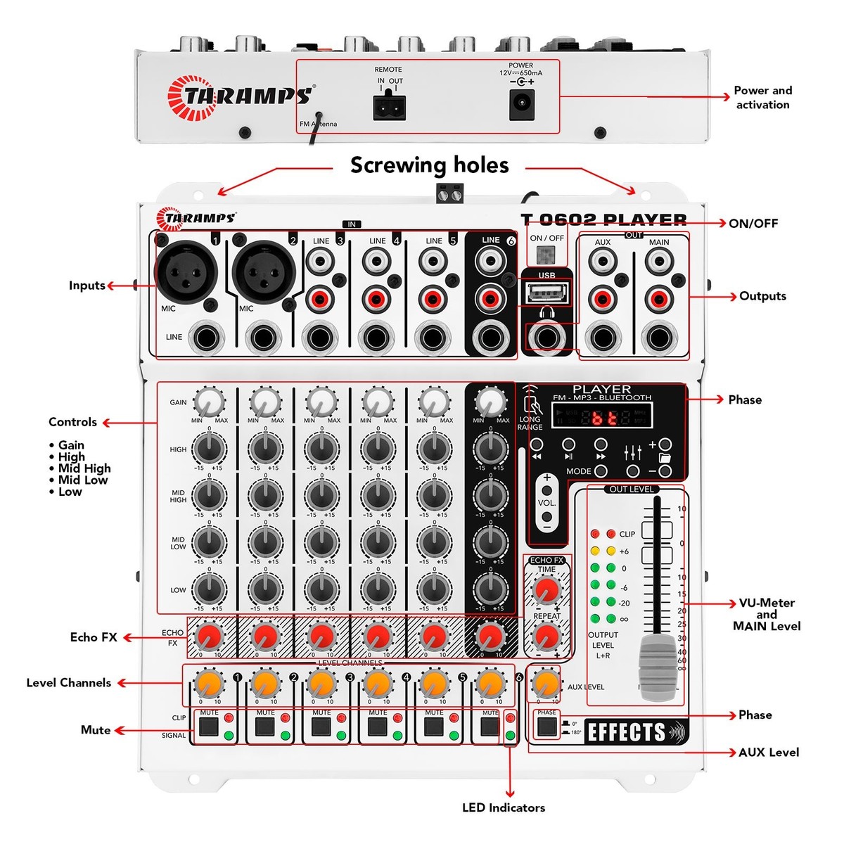 Taramps T 0602 Player 6-Channel Car Audio Mixer Bluetooth USB FM