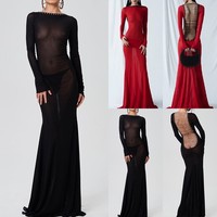 Sexy Women Long Sleeve Maxi Party Summer Mesh See Through Lace-up Backless Dress