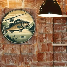 2D Flat2D Flat Retro Fishing Theme 8X8Inch Round Aluminum Sign Durable Waterproo