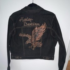 Harley-Davidson Women&rsquo;s Black Denim Jacket XL Embroidered Eagle Back Graphic