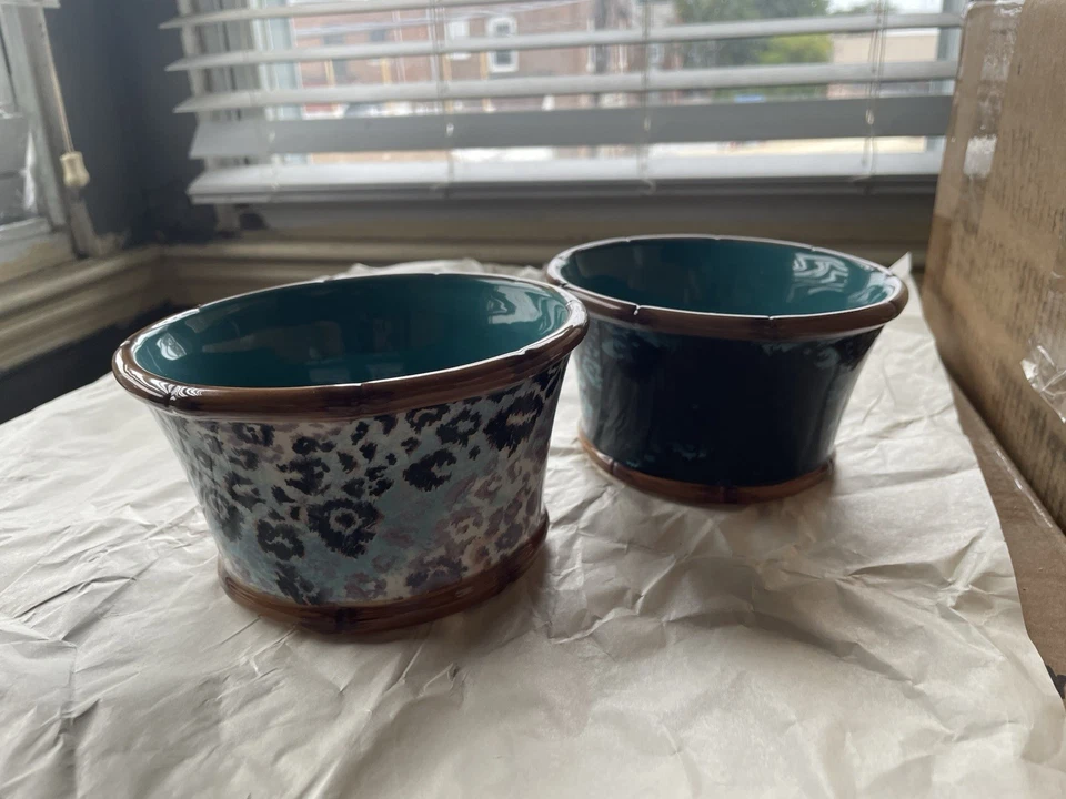 Juego de 4 cuencos de cerámica interior azul diseño estampado negro Foto 2 de 4