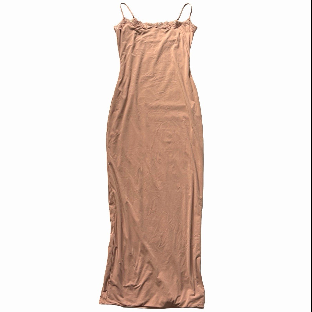 Skims Fits Everybody Size Large Tan Brown Lace Long Slip Maxi Dress BodyCon 