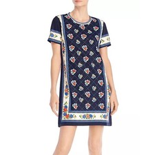 Tory Burch Printed Shirt Dress Navy Tea Rose Border Size Small