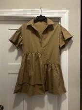 Women’s Tan Khaki Utility Mini Dress Size 6 Asymmetrical Ruffle City Babydoll