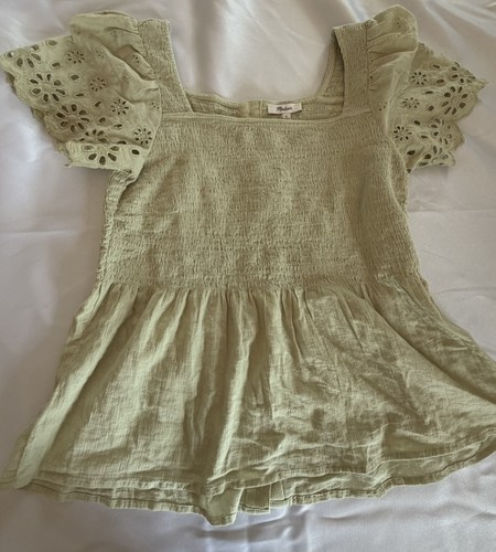 Madewell Top Womens S Lucie Button Back Peplum Eyelet Sleeve Smock Square Green