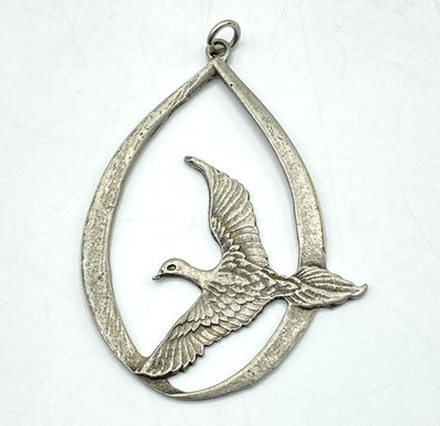 Vintage Pewter Dove of Peace Pendant Ornament Flying Bird 2 1/2'' x 2''