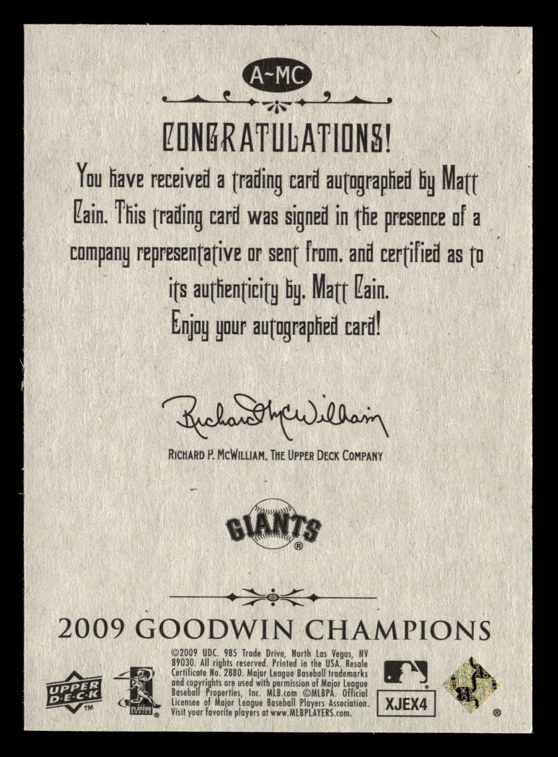 2009 Upper Deck Goodwin Champions #A-MC Matt Cain Autographs | eBay