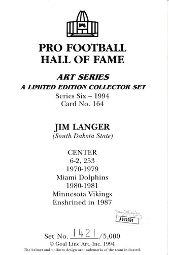 Jim Langer HOF Autographed/Inscr Goal Line Art GLAC Postcard Miami Dolphins JSA - Picture 2 of 2