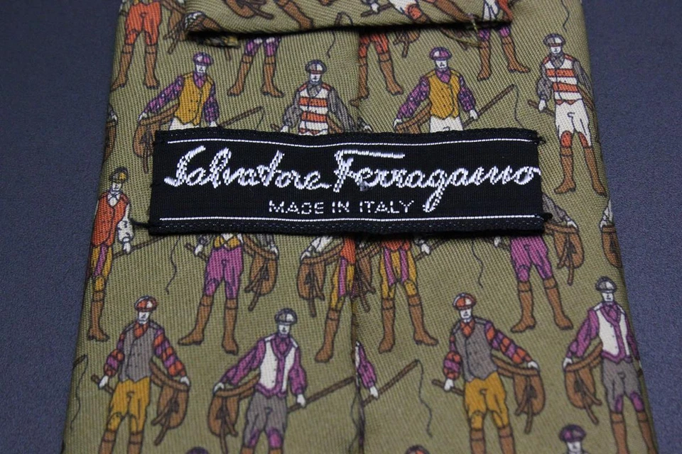 Corbata de seda SALVATORE FERRAGAMO. Pescador marrón con púrpura naranja y rojo Foto 4 de 4