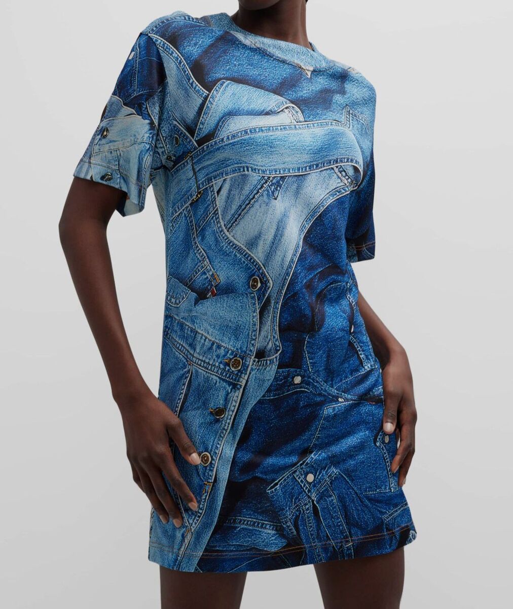 ワンピース MOSCHINO JEANS Woman Dress Blue 04623739 1303 $535 Moschino Jeans Women Blue Short-Sleeve Jean Print T