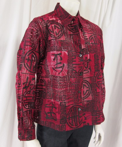 Chico's size 1 (M) Red w/ Black Asian Design Long Sleeve Button Front Shirt - Picture 4 of 10