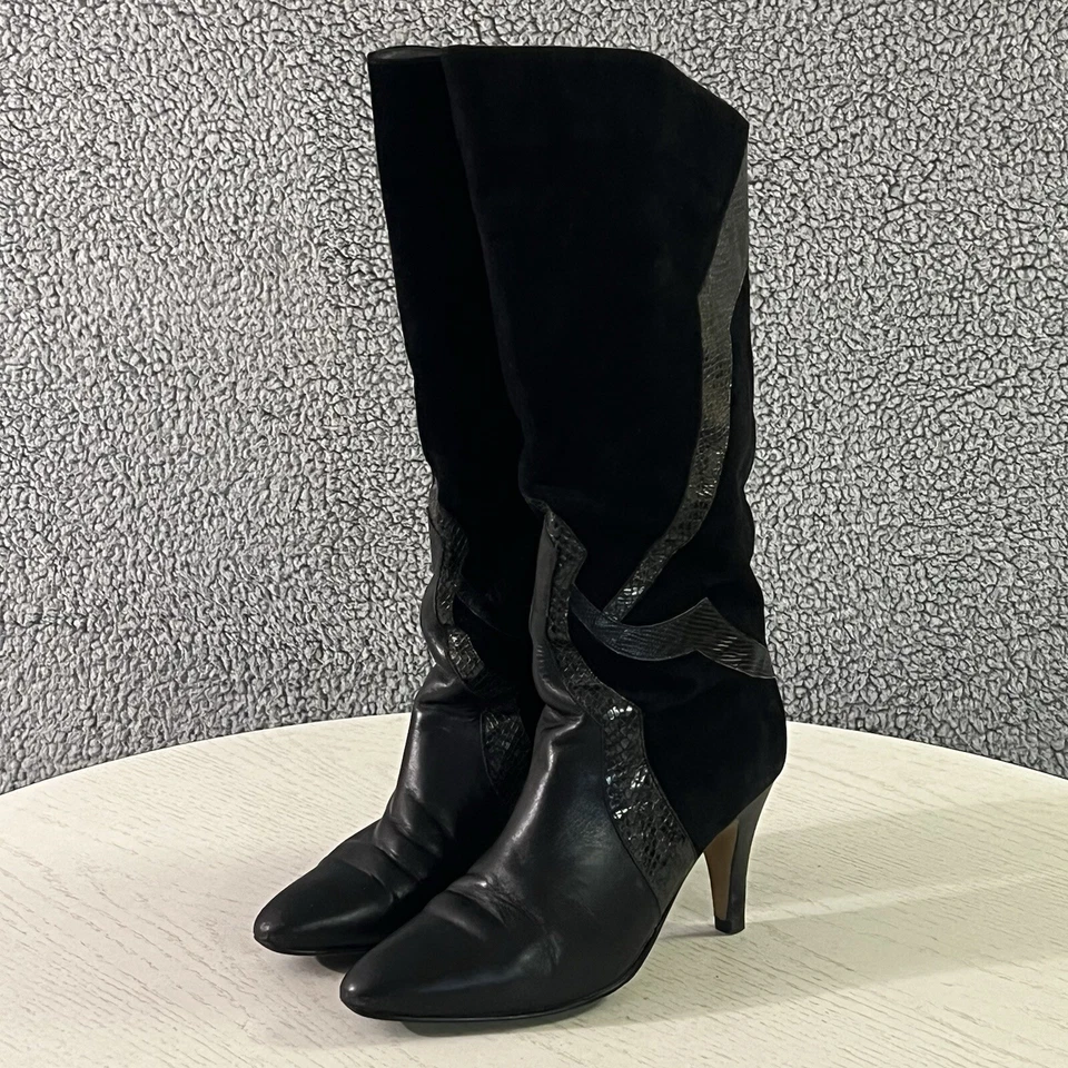 Botas femininas Peter Kaiser 8M couro camurça preta Alemanha Ocidental puxador de cobra vintage - Imagem 2 de 4