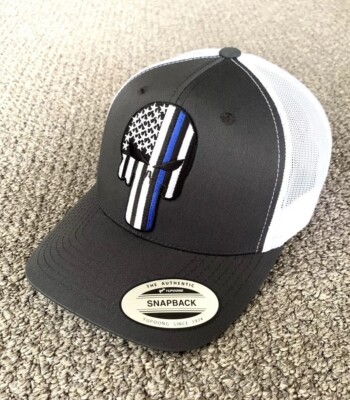 Gorra SnapBack Punisher Línea Azul Bandera USA｜Hecha A Mano En EE.UU.｜Ajuste Snapback｜Marca Yupoong