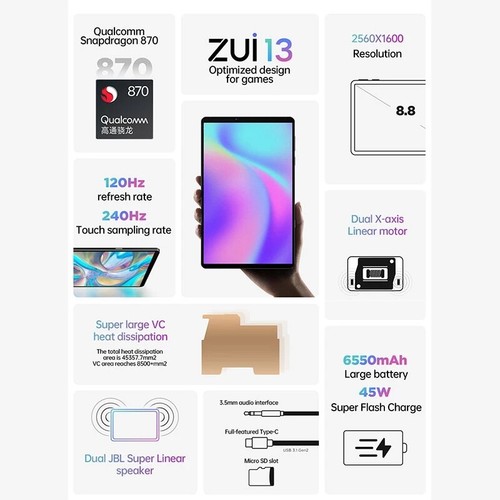 8.8'' Lenovo LEGION Y700 Gaming Tablet Snapdragon 870 6550mAh 120Hz 12GB+256GB - Picture 2 of 19