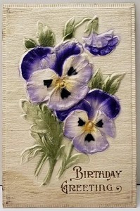Birthday-Greeting-Heavily-Embossed-Airbrushed-Pansies-Flowers-Postcard-E6