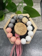 7" Handmade Wood Bead Leather Tassel Scripture Keychain Purse Wristlet B2569