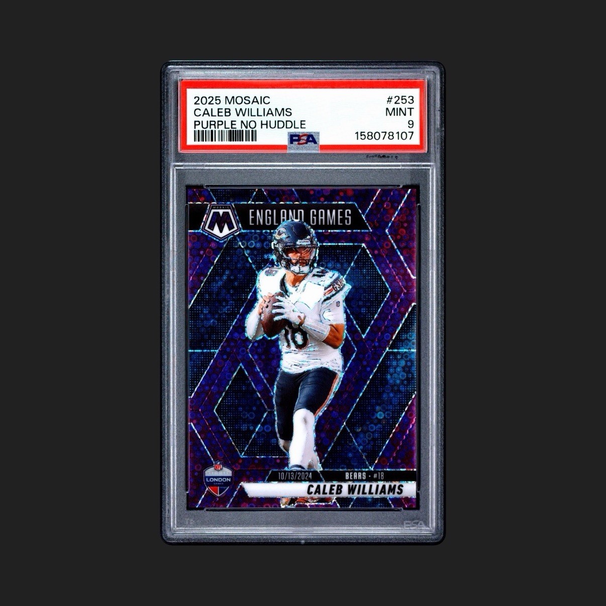 Panini 2025 Mosaic Caleb Williams Purple No Huddle #253 /50 PSA 9 view 1
