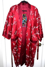 Kimono Embroidered Dragon Reversible Red Floral Robe Unisex Sz L Pkts Both Side