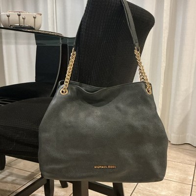 Michael Kors Black Pebbled Shoulder Bag Gold Hardware Zip Top Chain Strap