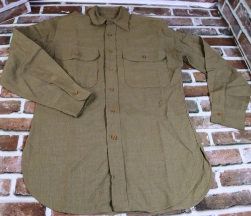 US Military WW2 Wool Shirt Brown Long Sleeve Button Up Uniform Men’s XS/Small 38