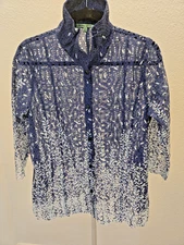 Trisha Tyler M Navy Lace Ombre Button Up Blouse Coastal Artsy Lagenlook Sheer