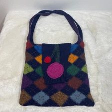 Colorful Upcycle Argyle Knit Tote Bag With Pocket Handmade Unique Shoulder Bag