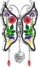Butterfly Suncatcher Stained Glass Window Hanging Wind Chime with Real Flower Wi