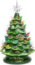15" Pre-Lit Green Ceramic Christmas Tree w/ 64 Multicolor Lights & Star Topper
