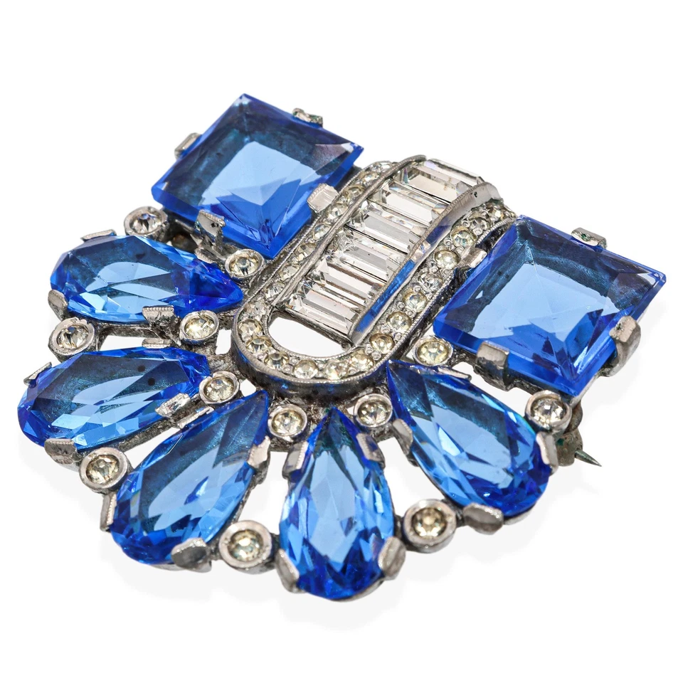 Vintage Art Deco Style Blue Rhinestone & Clear Crystal Fan Brooch - Image 2 of 4