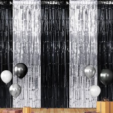 6 Pack 3.3x6.6 Ft Graduation Foil Fringe Curtain Backdrop Black Silver Tinsel