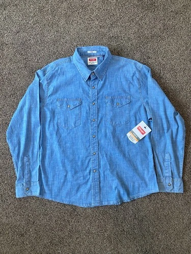 Wrangler Slim Fit Indigo Blue Denim Pearl Snap Long Sleeve Shirt - Men's XL