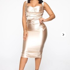 Fashion Nova Champagne Satin Bodycon Midi Dress Formal NWT Size L