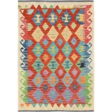3'4"x4'9" Flame Orange Afghan Kilim Pure Wool Hand Woven Flat Weave Rug R1189