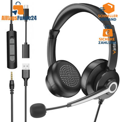 Wantek USB Headset mit Mikrofon für Laptop PC,Kabel-Kopfhörer USB-A/Typ-C/3,5