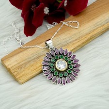 925 Sterling Silver Natural Multi Gemstones Pendant Necklace - Handmade Jewelry