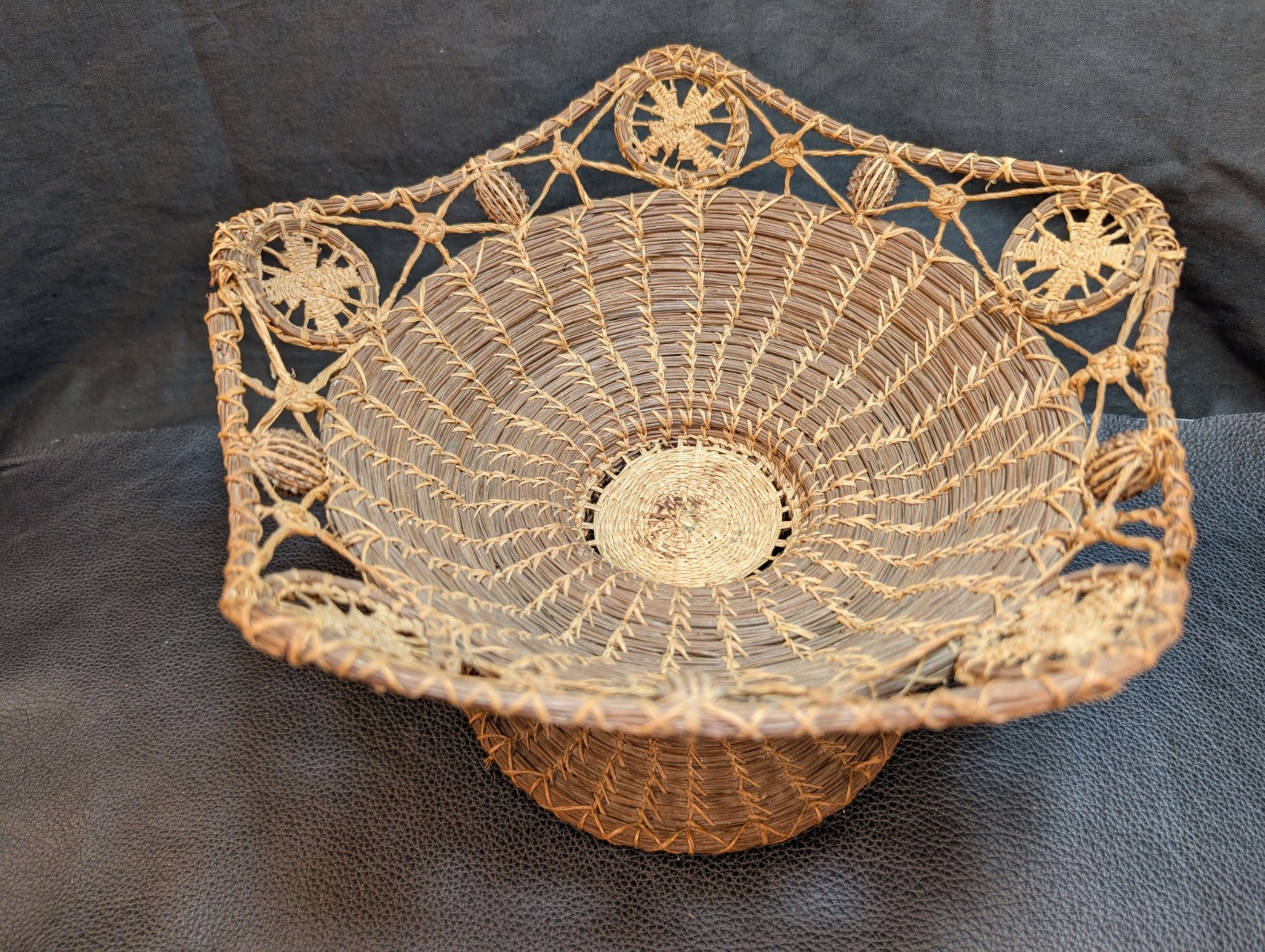 Antique American Pine Needle Basket Compote-Hand Tied- Seed Pod Accents Large 