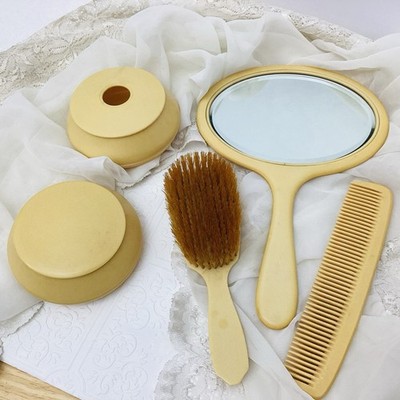 Vintage Celluloid Vanity Set,Hair Receiver,Powder Box,Brush,Mirror French Ivory