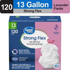 Great Value Strong Flex 13 Gallon Trash Bags, Drawstring Lavender Fields 120ct