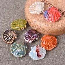 5pcs Scallop Shape 25x21mm Glossy Flamed Glazed Ceramic Porcelain Loose Beads